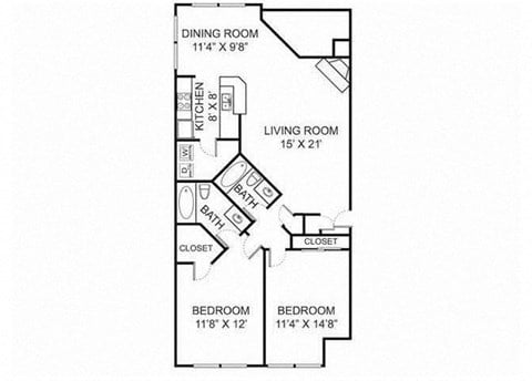 Floor plan for 2 beds, 2 baths, 1088 sqft